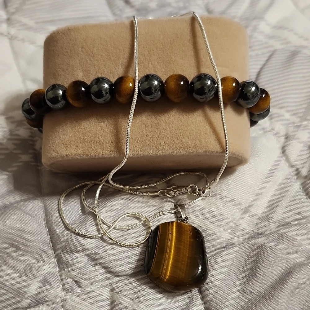 2pc .925 Silvery Chain W- Natural Tiger's Eye Quartz Pendant & Handmade Bracelet